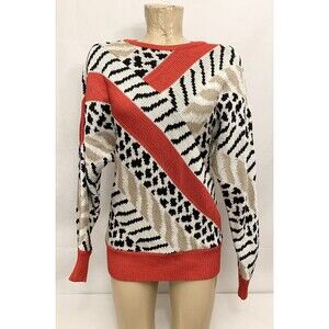 Vintage Nannell Red Gold Sweater S Small 19" Long Sleeve Animal Print Shirt VTG